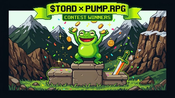 A pixel-art celebratory scene features a cheerful green toad standing atop a stone pedestal, surrounded by falling gold coins and confetti, with a sword embedded in stone beside it. A banner at the top reads "$TOAD x PUMP.RPG CONTEST WINNERS," perfectly matching the post's announcement congratulating winners of the $TOAD betting contest hosted with PUMP.RPG.