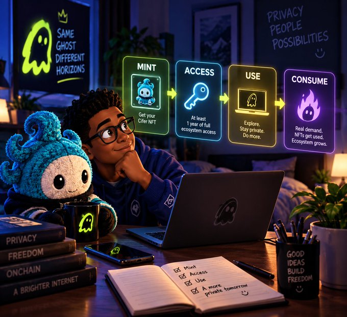 A digital illustration of a young person using a laptop in a dark room, displaying a flowchart interface with steps labeled "MINT", "ACCESS", "USE", and "CONSUME", alongside text like "PRIVACY PEOPLE POSSIBILITIES" and a notebook listing "A more private tomorrow".