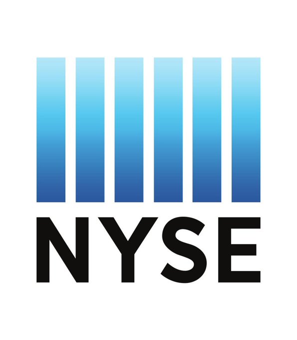 The NYSE logo featuring six vertical bars in a blue gradient above the bold black text "NYSE".
