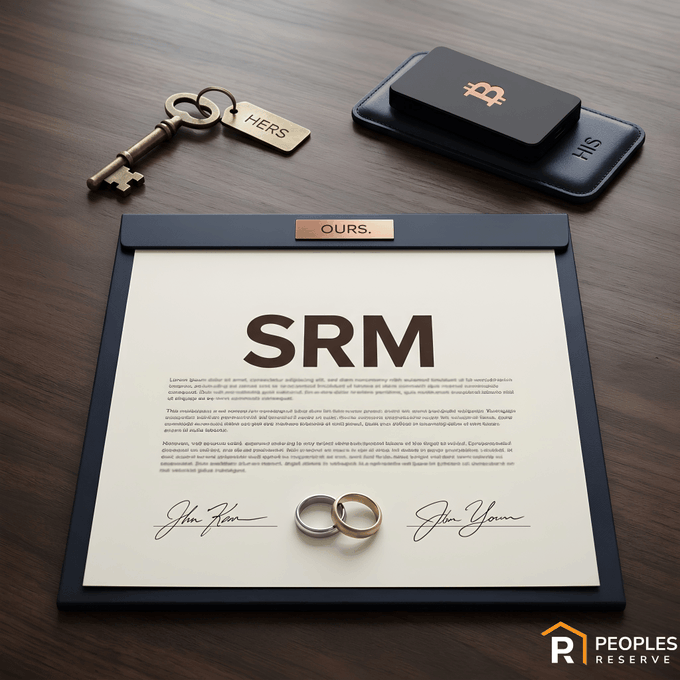 A still life photograph displays a decorative document labeled "SRM" and "OURS." alongside antique keys tagged "HERS" and "HIS," symbolizing partnership and shared ownership, with the "PEOPLES RESERVE" logo visible in the corner, illustrating the concept of a Self-Repaying Mortgage where couples can buy a home without liquidating their Bitcoin holdings.