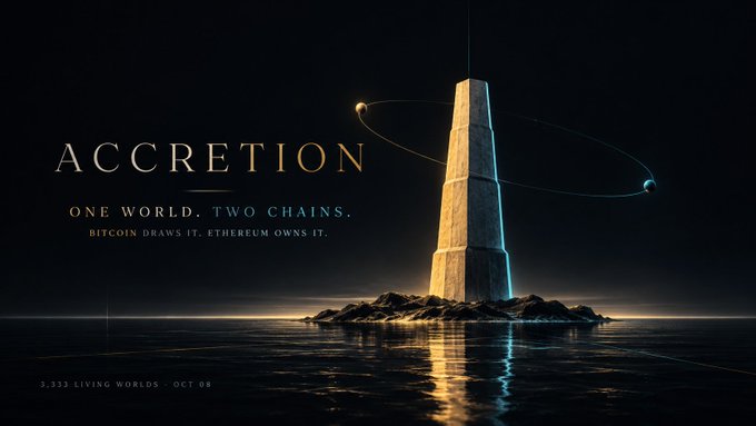 A dark cinematic promotional poster titled 'ACCRETION' featuring the tagline 'ONE WORLD. TWO CHAINS. BITCOIN DRAWS IT. ETHEREUM OWNS IT.' with '3,333 LIVING WORLDS · OCT 08' at the bottom, showing a tall monolith with orbiting planets on a rocky island.