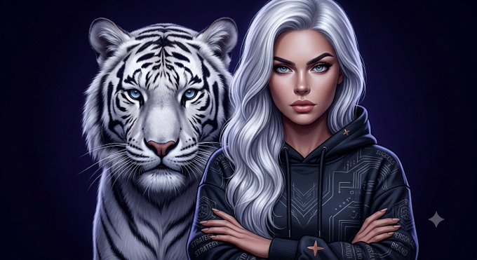 A digital illustration features a woman with silver hair in a dark hoodie standing beside a white tiger against a dark blue background.