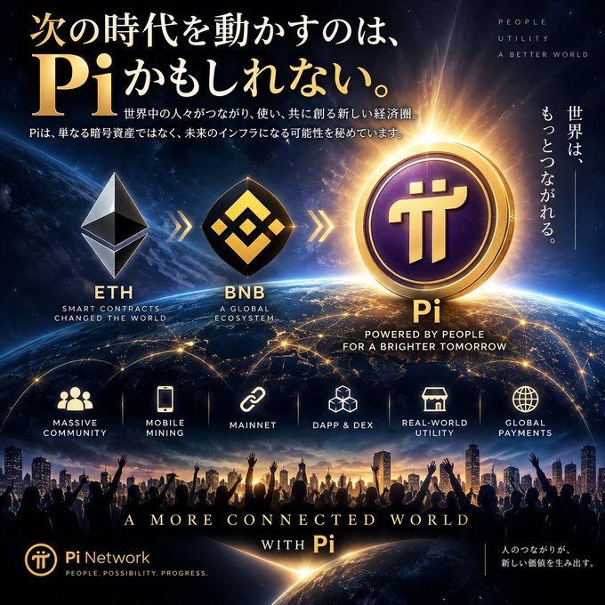 An advertisement for Pi Network compares Pi to ETH and BNB, describing Pi as a digital asset with text including 'People Utility A Better World' and icons for Massive Community, Mobile Mining, Mainnet, DApp & Dex, Real-World Utility, and Global Payments.
