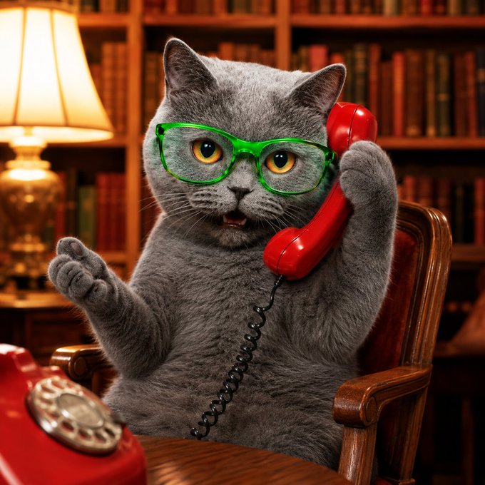 A gray cat wearing green glasses holds a red rotary phone to its ear while seated in a leather chair in a study, illustrating the post's joke that the "thesis" is simply "the cat is calling." The absurdity of the image matches the meme-like, tongue-in-cheek caption that mocks overly analytical investment explanations.