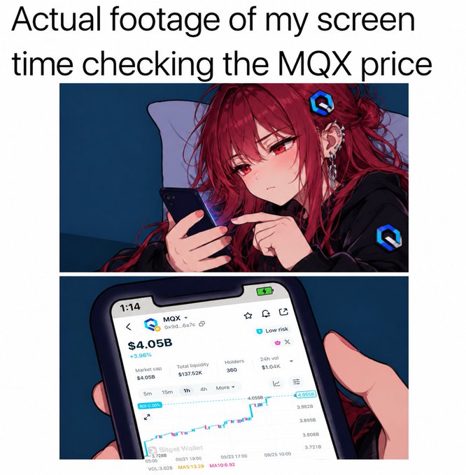 A meme captioned 'Actual footage of my screen time checking the MQX price' featuring an anime-style girl looking at a smartphone displaying the MQX token price at $4.05B.