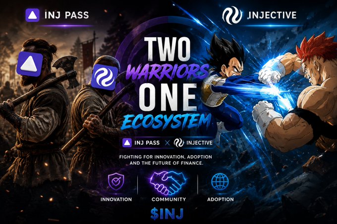 A promotional banner for INJ PASS x INJECTIVE featuring 'Two Warriors One Ecosystem' with anime-style fighting characters, promoting $INJ for innovation, community, and adoption in the future of finance.