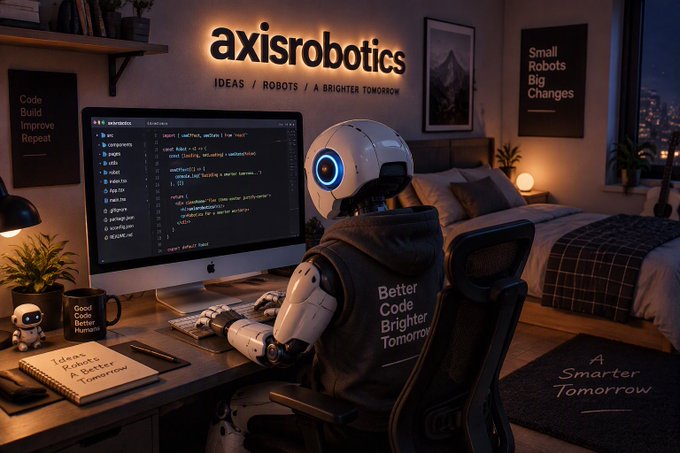 A humanoid robot wearing a black hoodie sits at a desk writing code on a monitor in a dimly lit bedroom, with wall signs reading 'axisrobotics IDEAS / ROBOTS / A BRIGHTER TOMORROW', 'Small Robots Big Changes', and 'A Smarter Tomorrow'.