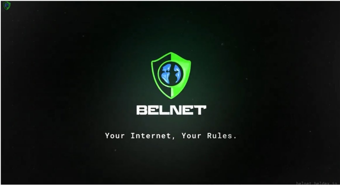 A dark screen displays the BELNET logo featuring a green shield with a blue globe inside, along with the tagline "Your Internet, Your Rules."