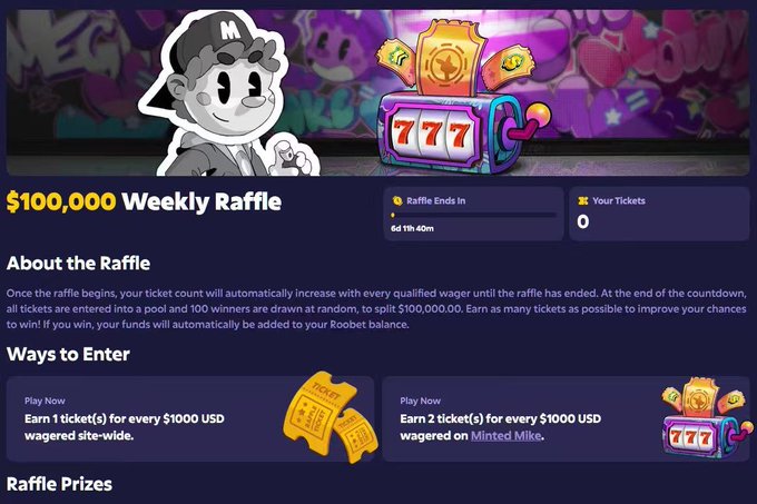 A '$100,000 Weekly Raffle' promotional page featuring a cartoon monkey mascot and slot machine, with details on raffle ending in 6d 11h 40m and ways to earn tickets through wagering.