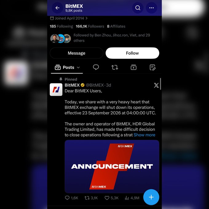A screenshot of BitMEX's X profile shows a pinned post announcing that BitMEX exchange will shut down operations effective September 23, 2026 at 04:00:00 UTC, citing a strategic decision by owner HDR Global Trading Limited, accompanying the post's discussion of multiple crypto exchanges ceasing operations in 2026.