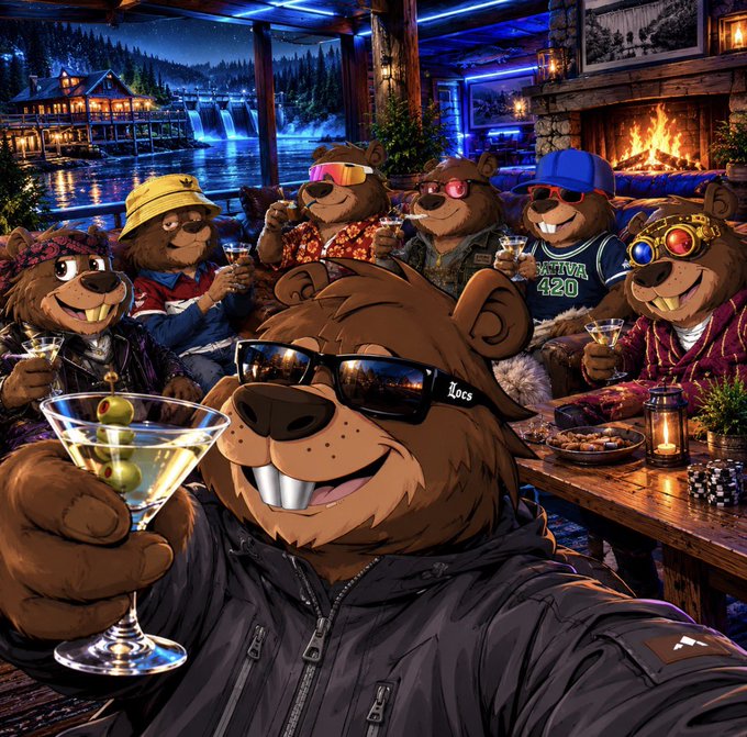 An AI-generated illustration of several anthropomorphic beavers wearing sunglasses and casual clothing, holding martini glasses in a cozy lodge setting with a fireplace, lanterns, and a lake visible through the window.