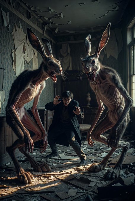 A dark fantasy illustration depicting a terrified man in a coat cornered between two menacing, tall rabbit-like creatures with bared teeth inside a dilapidated, crumbling room.