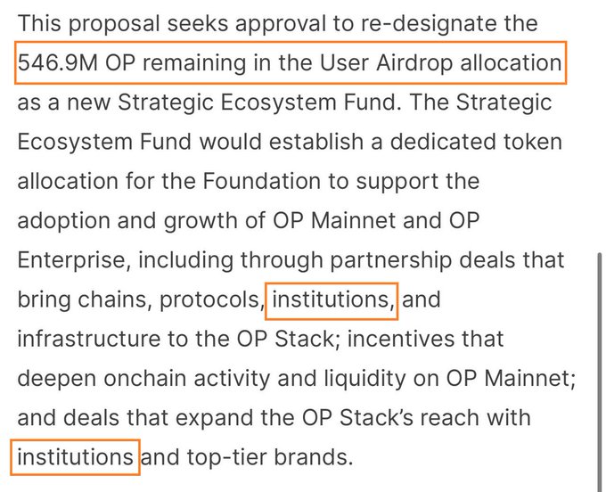 A text excerpt describing a proposal to re-designate 546.9M OP remaining in the User Airdrop allocation as a new Strategic Ecosystem Fund, with terms '546.9M OP remaining in the User Airdrop allocation' and 'institutions' highlighted in orange boxes.