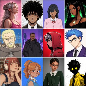 In this image, there are ten diverse cartoon drawings of girls and boys wearing various types of clothing like dresses, suits, and eyeglasses. The characters are arranged vertically against a white background with each drawing facing different directions. The poster does not contain any text or logos and provides no information about the creator's expertise or involvement in AI platforms.