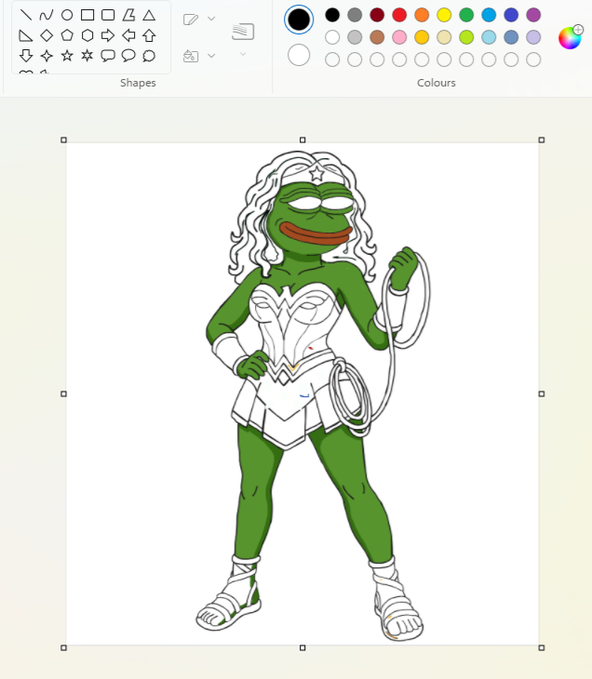 A digital drawing of Pepe the Frog dressed as Wonder Woman, featuring the character with green skin, wearing a white strapless dress, boots, and wrist gauntlets, holding a lasso.