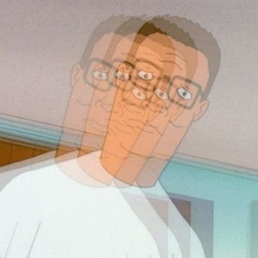 A cartoon image showing King of the Hill character Hank Hill with a motion-blur effect creating multiple overlapping faces.