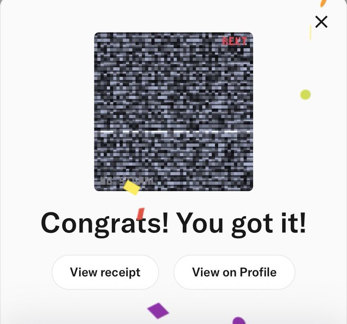 A celebratory popup screen displaying a pixelated "REKT" static image with the message "Congrats! You got it!" along with "View receipt" and "View on Profile" buttons, confirming the minting of a Rekt Tradoor NFT.