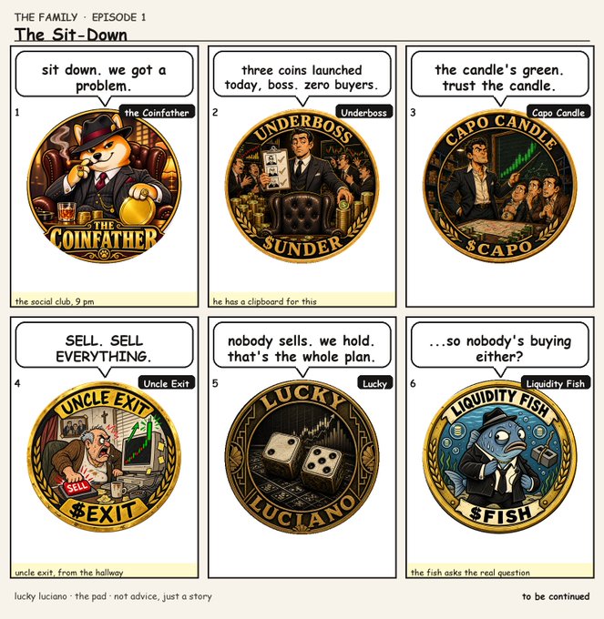 A 6-panel comic titled 'THE FAMILY · EPISODE 1: The Sit-Down,' featuring characters like 'The Coinfather,' 'Underboss,' 'Capo Candle,' 'Uncle Exit,' 'Lucky,' and 'Liquidity Fish' discussing a crypto trading problem with zero buyers.