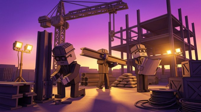 3D rendered scene of three Minecraft-style characters working at a construction site at sunset with a crane and building frame.