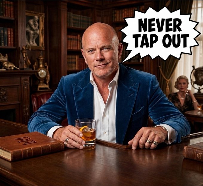 The image features a confident, bald man in a blue velvet blazer holding a glass of whiskey, with a speech bubble declaring "NEVER TAP OUT" — embodying the post's message of grit and determination, riffing on the "Most Interesting Man in the World" meme to hype up the wrestler's unbreakable spirit.