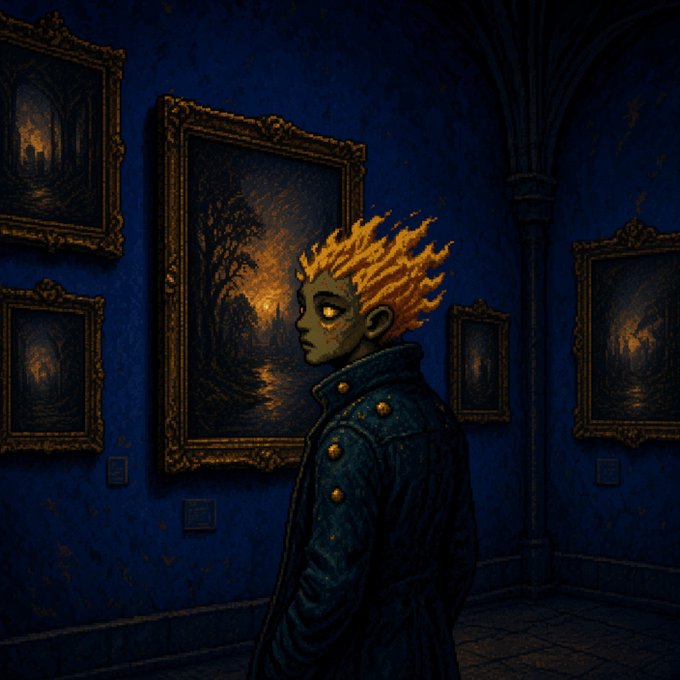 An illustration of a character with spiky golden hair in a dark coat standing in a dimly lit blue gallery room adorned with framed paintings.