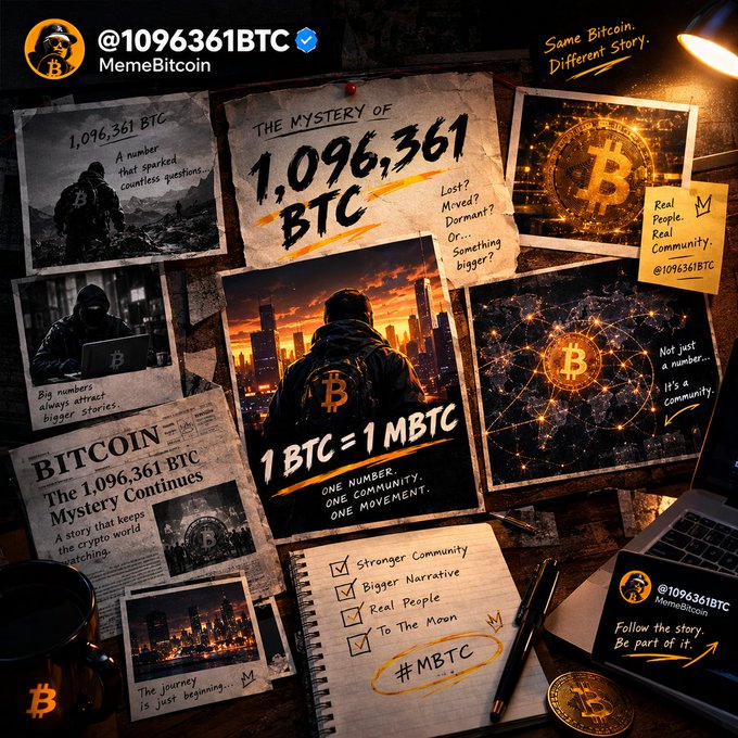 A promotional collage features the handle '@1096361BTC MemeBitcoin' and focuses on 'THE MYSTERY OF 1,096,361 BTC' with the slogan '1 BTC = 1 MBTC.'