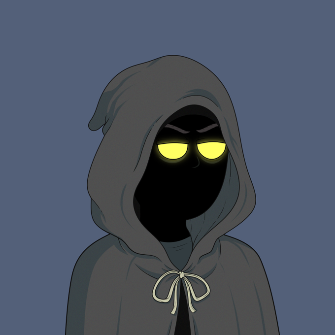A hooded figure with glowing yellow eyes stares ominously from the shadows against a muted blue background, evoking the "conman" aesthetic referenced in the post. The shadowy, mysterious character art aligns with the dark, edgy vibe of The Conmen NFT collection being promoted.