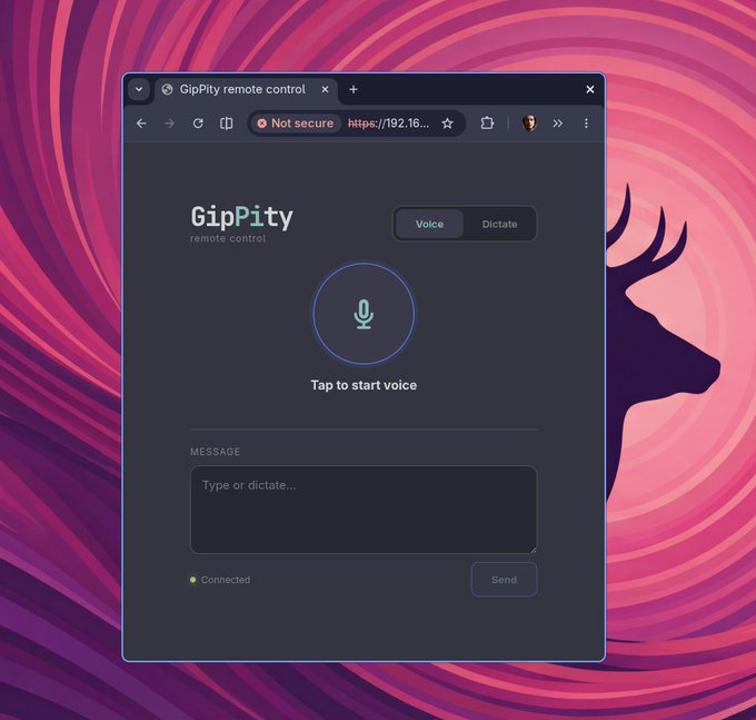 A browser window displaying the 'GipPity remote control' interface with options to 'Voice' and 'Dictate', a 'Tap to start voice' button, a message input field, and a 'Connected' status, set against a pink deer-themed wallpaper.