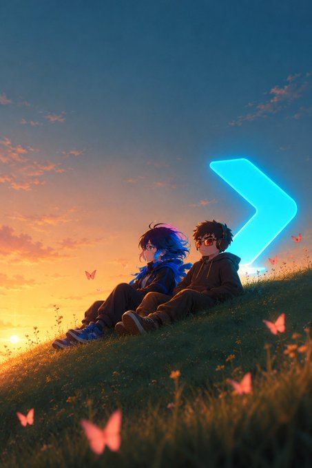 An anime-style digital illustration showing two characters sitting together on a grassy hill at sunset, with glowing pink butterflies around them and a bright blue neon arrow pointing rightward in the sky.