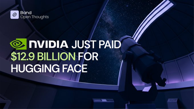 Thumbnail from 'Band Open Thoughts' featuring the NVIDIA logo and headline 'NVIDIA JUST PAID $12.9 BILLION FOR HUGGING FACE', with a telescope pointing at the night sky in the background.