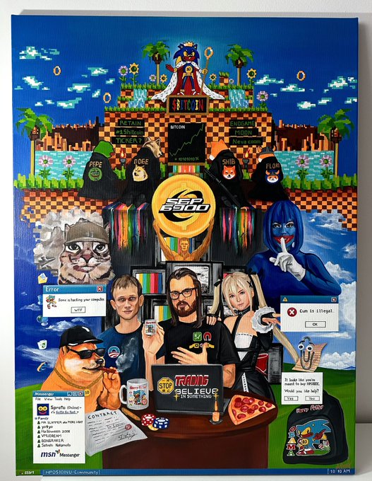 A colorful retro-style digital collage features video game and internet culture references, including characters from Yume Nikki, a Sonic-themed shirt, and text like 'STOP BELIEVING IN SOMETHING' and 'ERROR'.