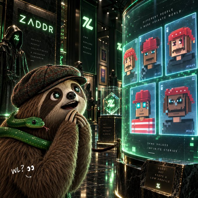 A digital artwork featuring a sloth wearing a cap with a snake around its neck, looking at illuminated displays of pixel-art character profiles under the 'ZADDR' and '7L' branding, with the text 'SAME VALUES INFINITE STORIES'.