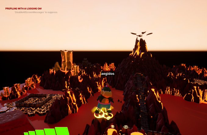 The image shows a cartoon character, possibly a dog or a cat, standing on top of a mountain with a lava flow below. The character appears to be looking down at the lava flow, which seems to be flowing towards a valley. In the background, there are other mountains and lava flows that contribute to the overall scene. The image also contains text elements such as "@DillasApeChain" and "@OthersideMeta".