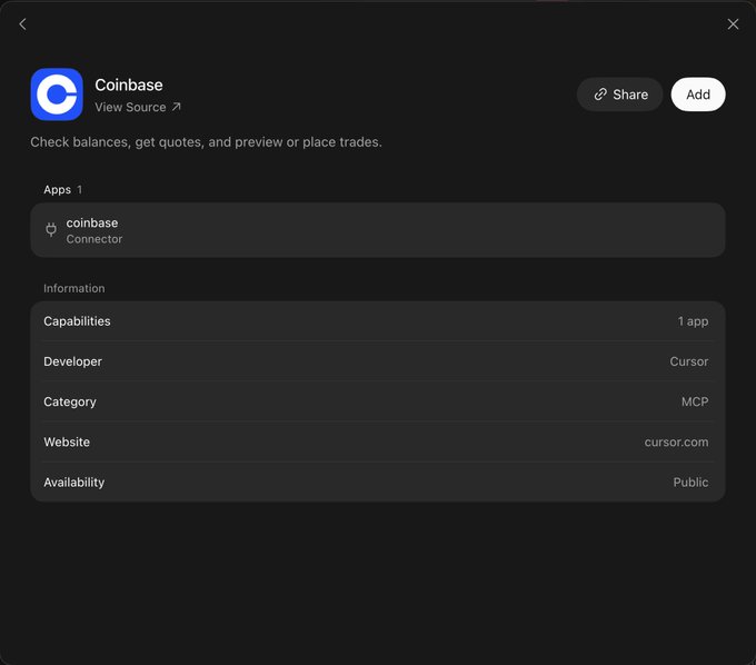 A Coinbase app listing within what appears to be the Cursor application directory, showing it as an MCP category Connector app developed by Cursor, with options to Share or Add.