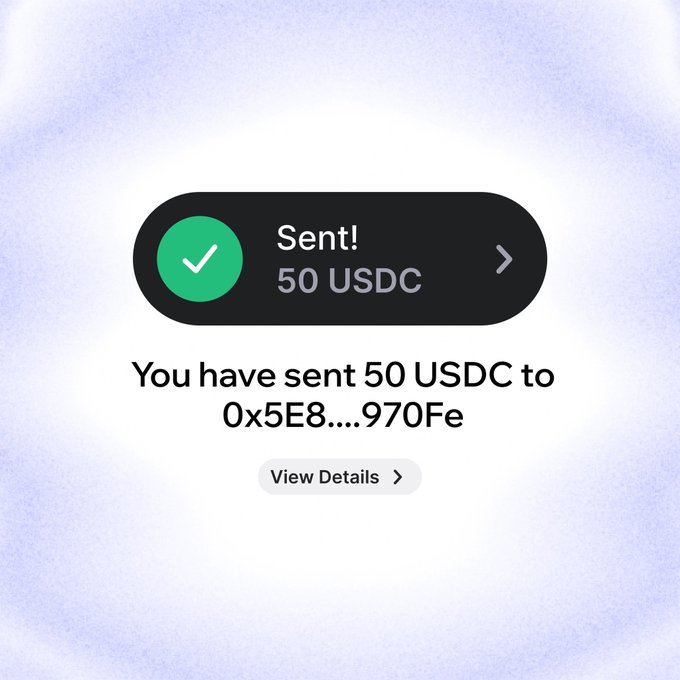 This image shows a confirmation of sending "50 USDC" to the address "0x5E8....970Fe". This directly relates to the post by showing the recipient has indeed received the "little something" as a token of appreciation for the new layout.