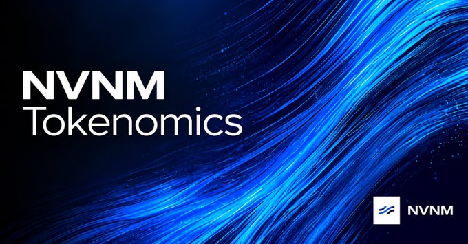 A title card reading 'NVNM Tokenomics' in white text over a flowing blue abstract background, featuring the NVNM logo in the bottom right corner.
