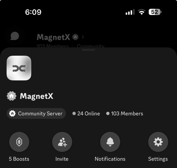 The image shows a Discord server pop-up for "MagnetX," a Community Server with 103 Members and 24 currently Online, displaying options for 5 Boosts, Invite, Notifications, and Settings. This visually confirms the post's offer of access to a MagnetX gated Discord server, highlighting the server details and member count to entice users to join.