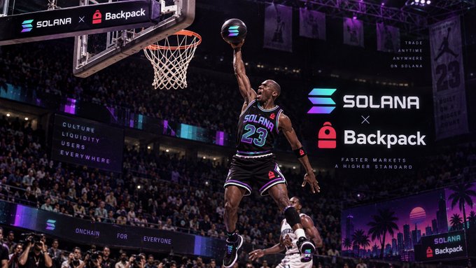A promotional graphic featuring Michael Jordan dunking in a 'Solana' jersey (number 23), advertising a partnership between Solana and Backpack with the tagline 'Trade anytime anywhere on Solana' and 'Faster markets, a higher standard.'