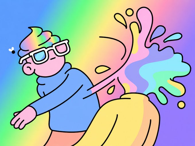 A colorful cartoon illustration features a pink character with rainbow hair and glasses, wearing a blue sweater and yellow skirt, splashing against a rainbow gradient background.