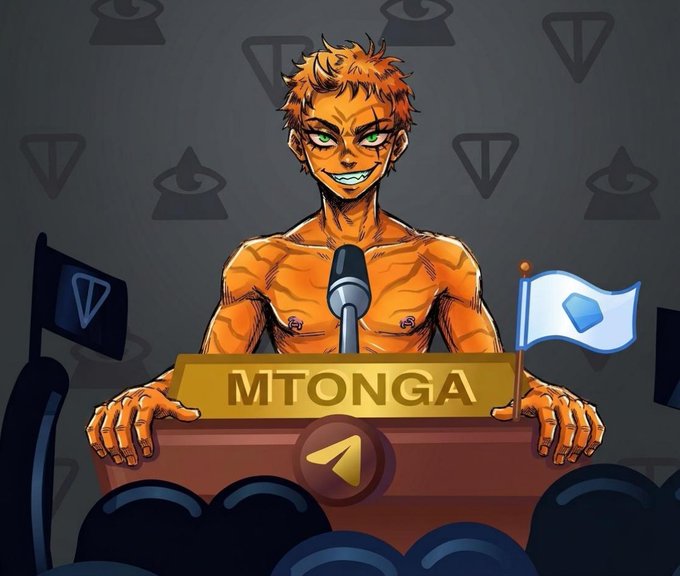 An anime-style illustration of an orange-skinned character standing behind a podium labeled 'MTONGA' with a microphone, flanked by TON and Telegram flags, with shadowy audience figures in the foreground.