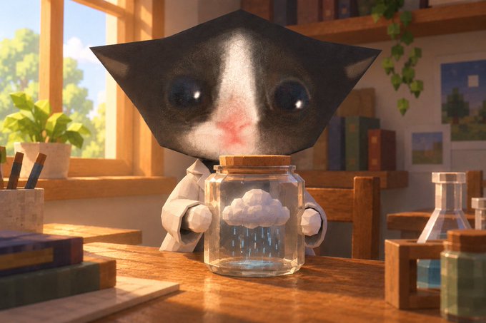 A digitally edited image features a kitten's face superimposed onto a small body wearing a lab coat, sitting at a desk while holding a glass jar containing a cloud.