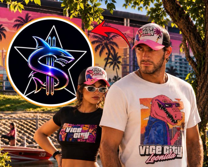 Two models pose in Vice City-themed apparel alongside a SharkCash logo featuring a stylized blue shark on a star background, promoting the upcoming "SHARKCASH" drop referenced in the post. The image's retro Miami aesthetic ties into the GTA6 and gaming crypto narrative mentioned in the caption.