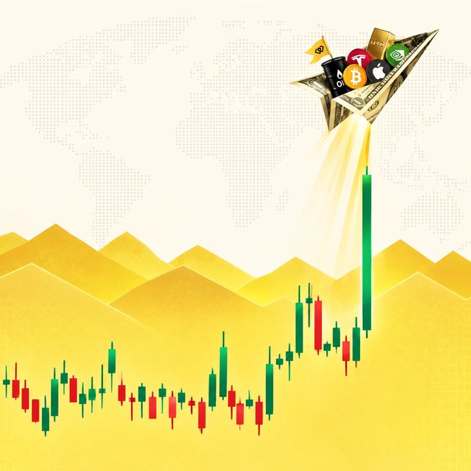 An illustration of a rising stock chart with green and red candlesticks over yellow mountains features a paper airplane filled with US dollar bills and cryptocurrency logos (Bitcoin, Tether, Apple, etc.) soaring upward.