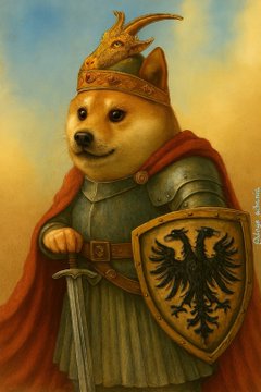 A digital painting of a Shiba Inu dog dressed as a medieval knight, wearing a golden crown, armor, and a red cape, holding a sword and a shield bearing a black eagle emblem.