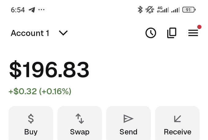 A mobile app screenshot shows a crypto wallet with a balance of $196.83 (+$0.32, +0.16%) for Account 1, with buttons for Buy, Swap, Send, and Receive.