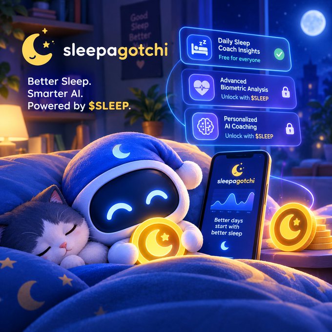 A promotional graphic for 'sleepagotchi' features a cute robot in pajamas with a cat, alongside text reading 'Better Sleep. Smarter AI. Powered by $SLEEP.' and listing features like Daily Sleep Coach Insights and Advanced Biometric Analysis.