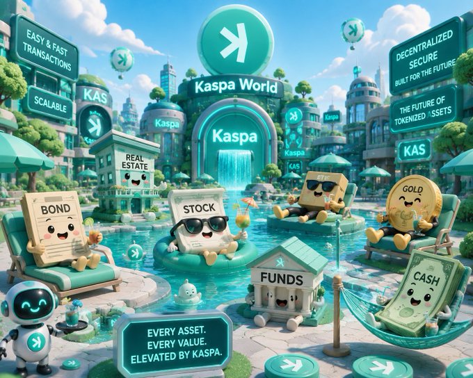The image features a cartoon-like scene with various objects such as buildings, umbrellas, and other miscellaneous items. The main focus is a large green sign that says "KAS" above an arrow pointing towards a building. Surrounding this central structure are several smaller signs, including one that reads "Bonds", another that says "Gold", and yet another that displays the word "Futures". 

In addition to these signs, there is a group of cartoon characters sitting on chairs or loungers throughout the scene. These characters include a robot, a person with a backpack, and an umbrella. The overall atmosphere appears to be playful and whimsical, possibly representing a futuristic cityscape or a fantastical world where everyday objects take on new meanings.

The image also contains text that reads "Every asset raised by KAS is valued at $KAS", suggesting the presence of a currency system based on tokenized assets in this imaginary world.