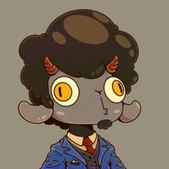 A cartoon illustration of a small demon-like character with dark curly hair, small red horns, large yellow eyes, and a wide smile, wearing a blue suit jacket and red tie.