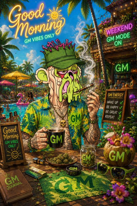 A vibrant, highly detailed illustration featuring a melting, monstrous face wearing a hat, surrounded by "GM" (Good Morning) themed tropical items including a "GM Vibes Only" journal, an ashtray, and a "GM Energy" checklist.