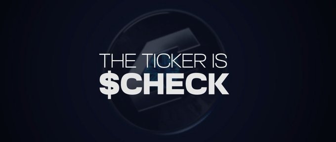 Bold white text reading "THE TICKER IS $CHECK" displayed against a dark navy background with a circular emblem, reinforcing the post's friendly reminder about the $CHECK ticker.